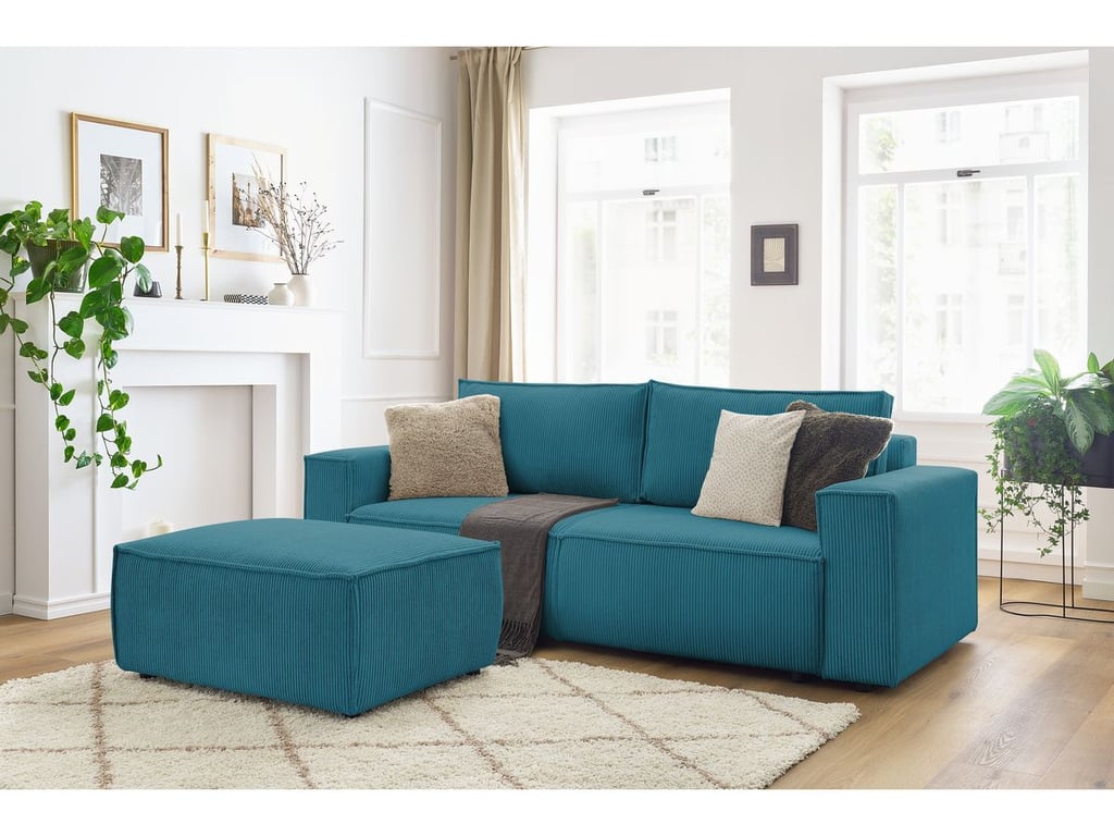 Produit similaire: Canapé droit convertible coffre NIHAD velours côtelé avec pouf bleu clair BOBOCHIC 4 places
