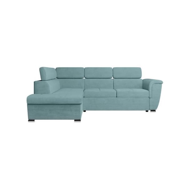 Canapé d'angle gauche 4 places PAOLA convertible avec coffre en velours côtelé - Bleu clair - L252 x P188 x H76cm - LOUNGITUDE