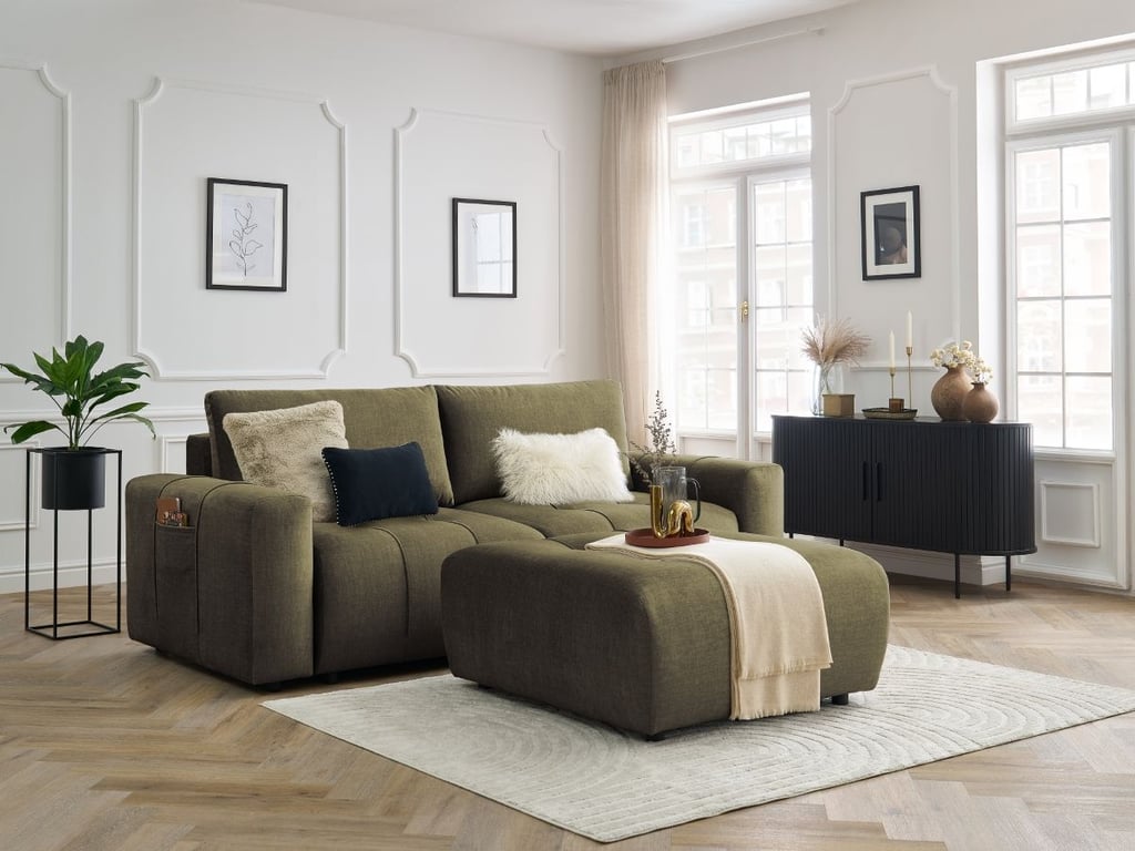 Produit similaire: Canapé droit convertible coffre ARSENE tissu velours avec pouf vert BOBOCHIC 4 places