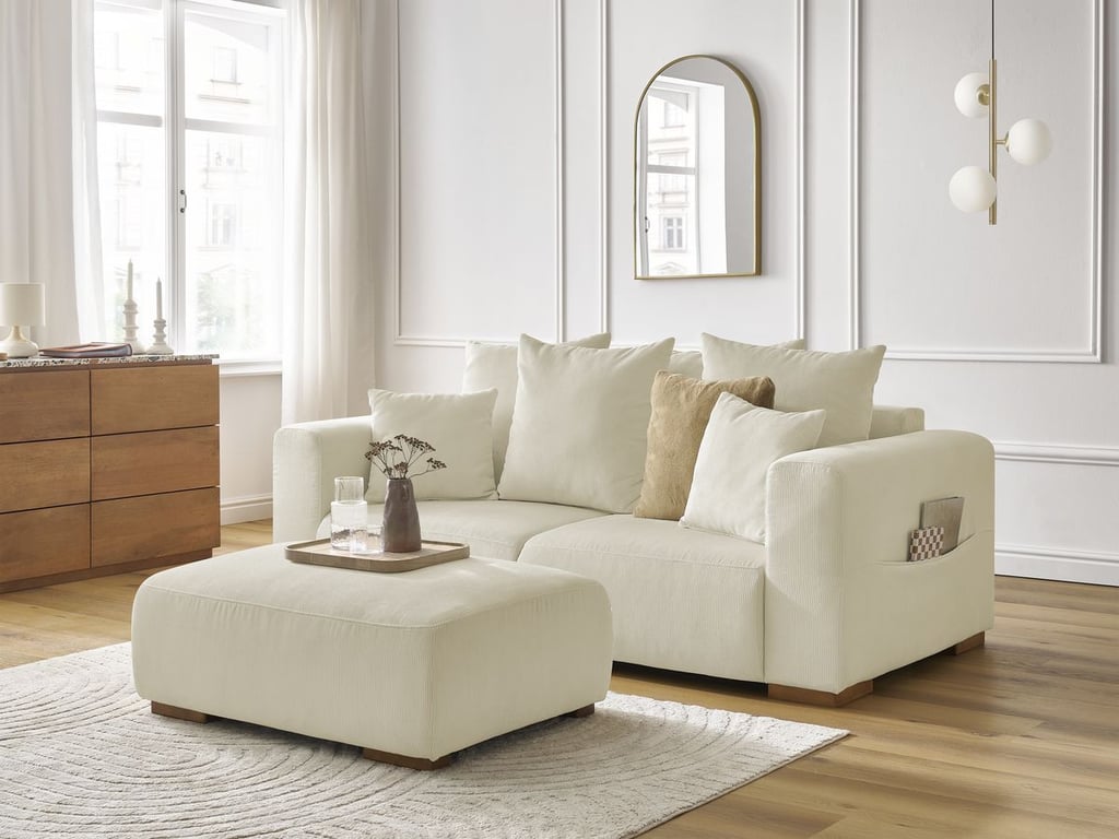 Produit similaire: Canapé droit fixe 2 places SIDONIE velours côtelé avec pouf beige BOBOCHIC