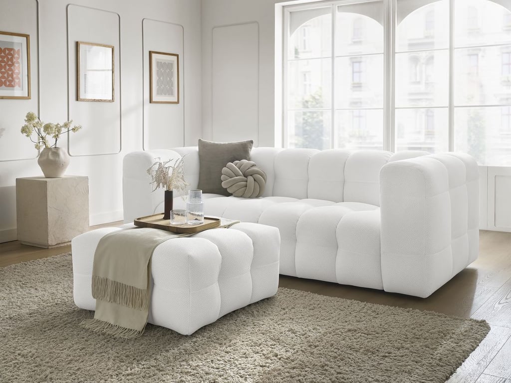 Canapé droit fixe 3 places CLOUD tissu mesh avec pouf blanc   BOBOCHIC