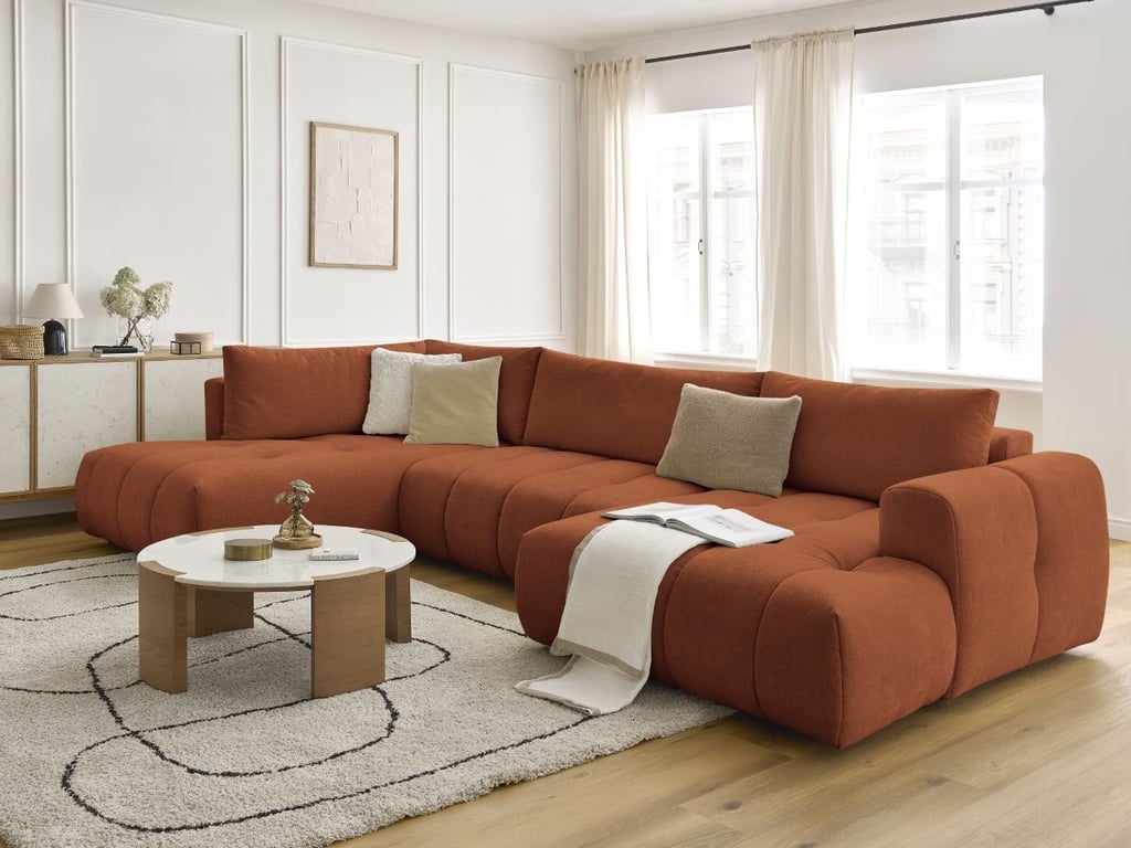 Produit similaire: Canapé d'angle panoramique convertible FUJI tissu lisse orange angle droit BOBOCHIC 5 places