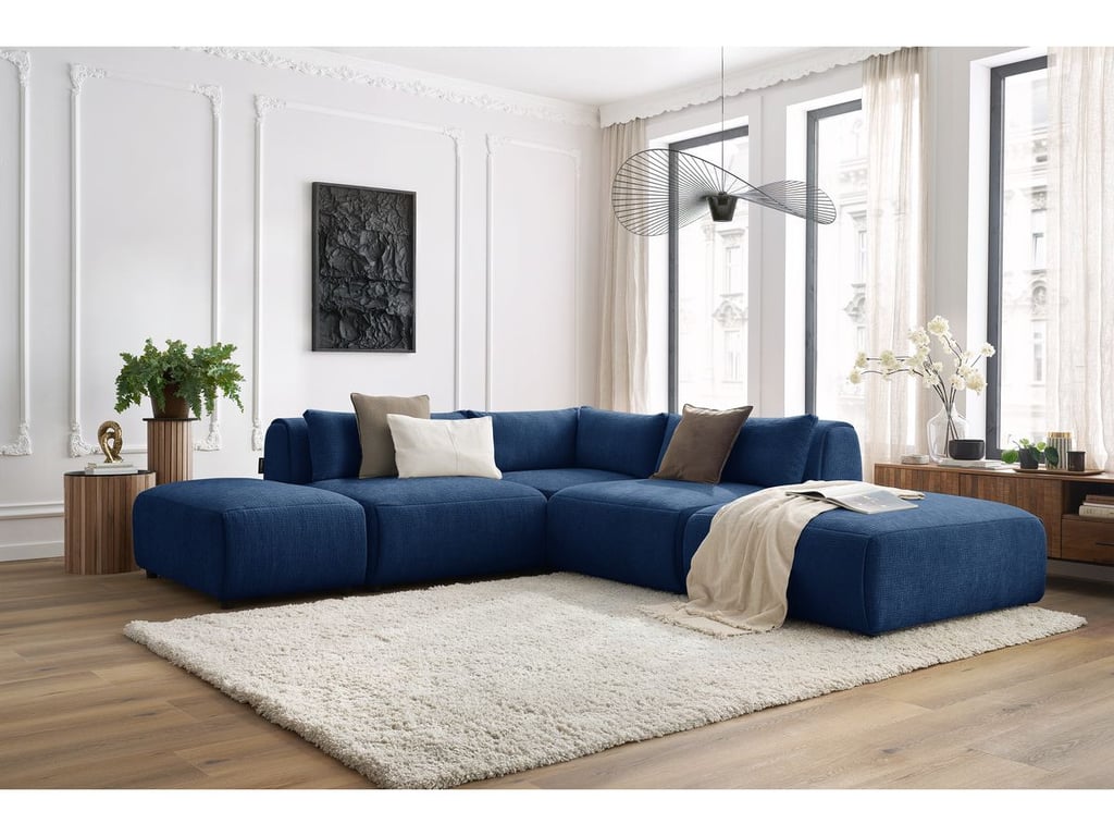 Produit similaire: Canapé d'angle fixe modulable JEANNE tissu texturé avec 2 chauffeuses, 1 angle et 2 poufs bleu foncé BOBOCHIC 5 places