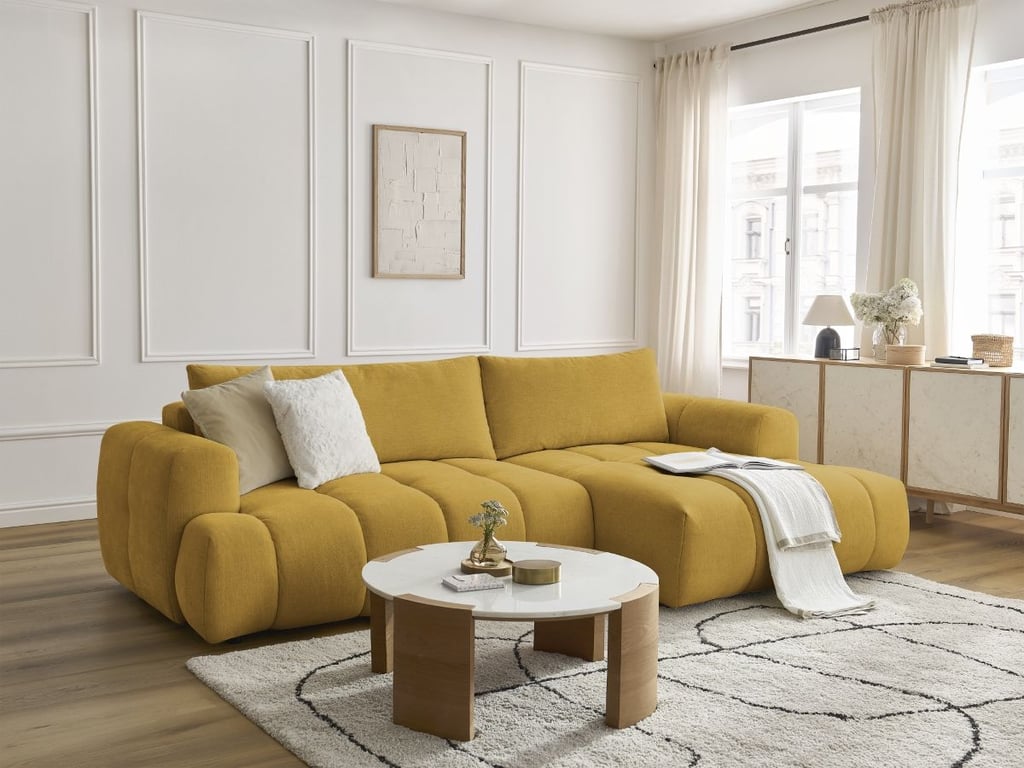 Produit similaire: Canapé d'angle convertible FUJI tissu lisse jaune angle droit BOBOCHIC 3 places