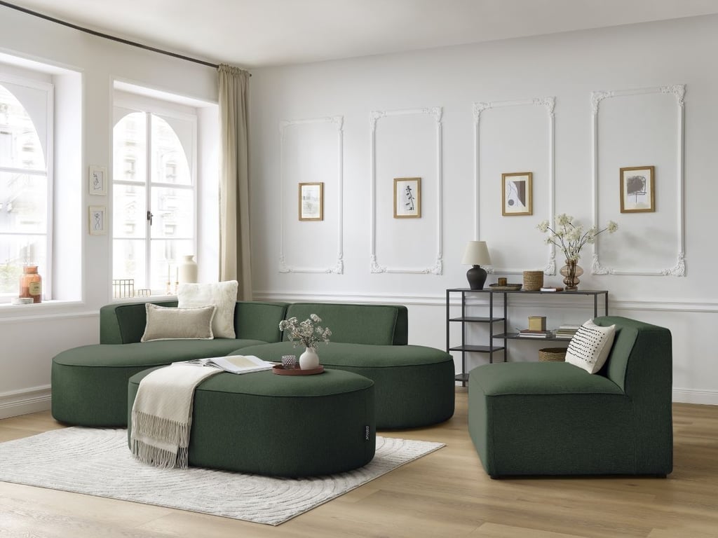 Produit similaire: Canapé d'angle fixe modulable ROUSSEAU tissu chiné avec 1 chauffeuse et 1 pouf vert angle gauche BOBOCHIC 6 places