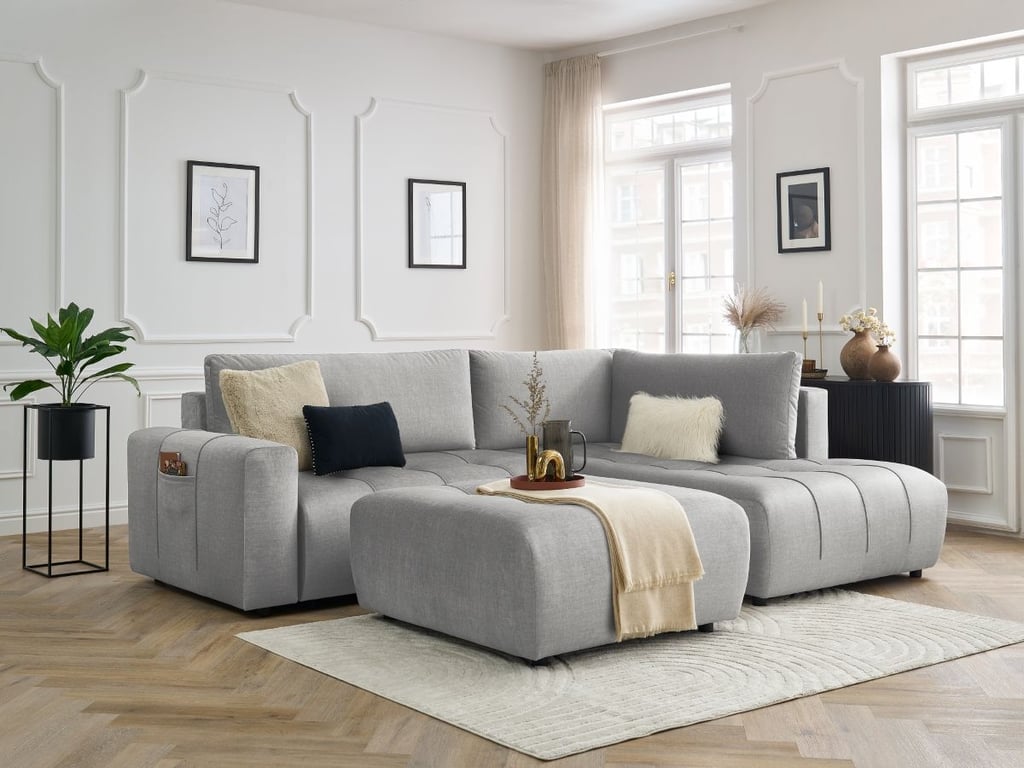 Produit similaire: Canapé d'angle L convertible coffre ARSENE tissu velours avec pouf gris clair angle droit BOBOCHIC 4 places