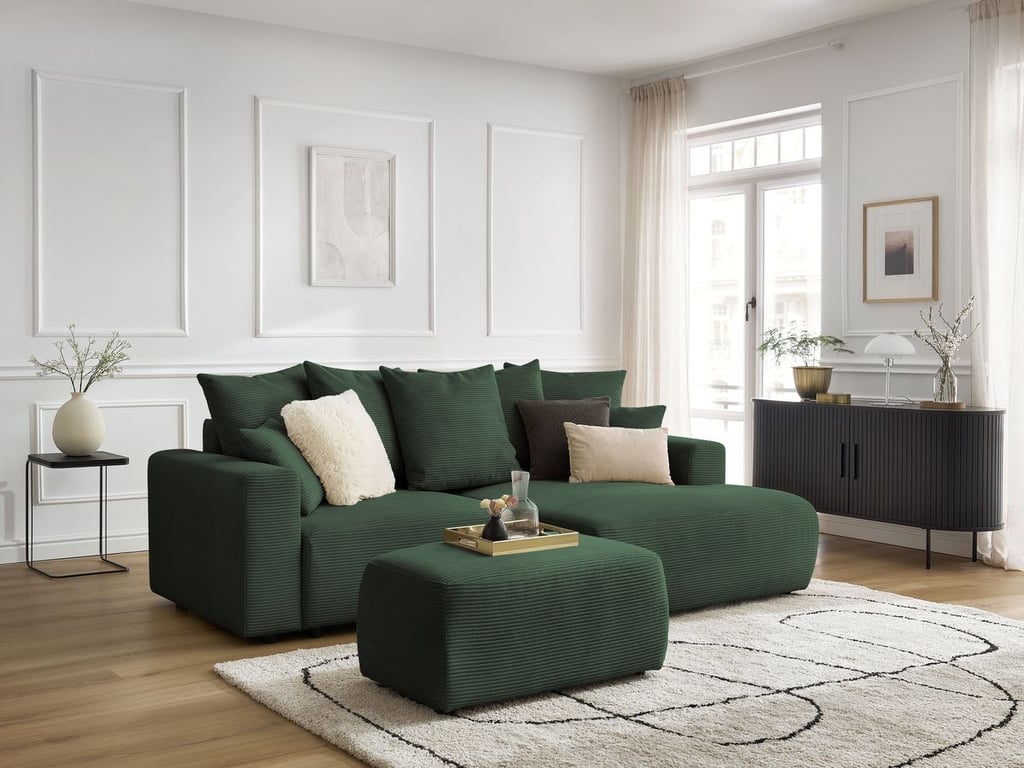 Produit similaire: Canapé d'angle convertible coffre ATILLA velours côtelé avec pouf vert foncé angle droit BOBOCHIC 4 places