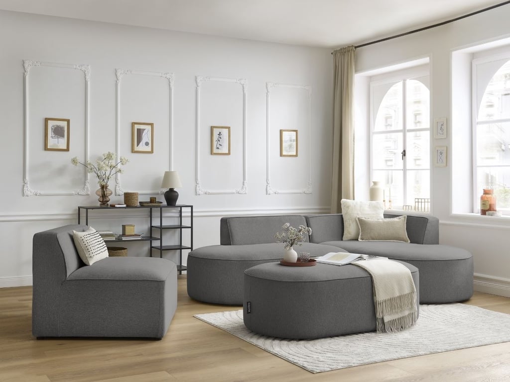 Produit similaire: Canapé d'angle fixe modulable ROUSSEAU tissu chiné avec 1 chauffeuse et 1 pouf gris foncé angle droit BOBOCHIC 6 places