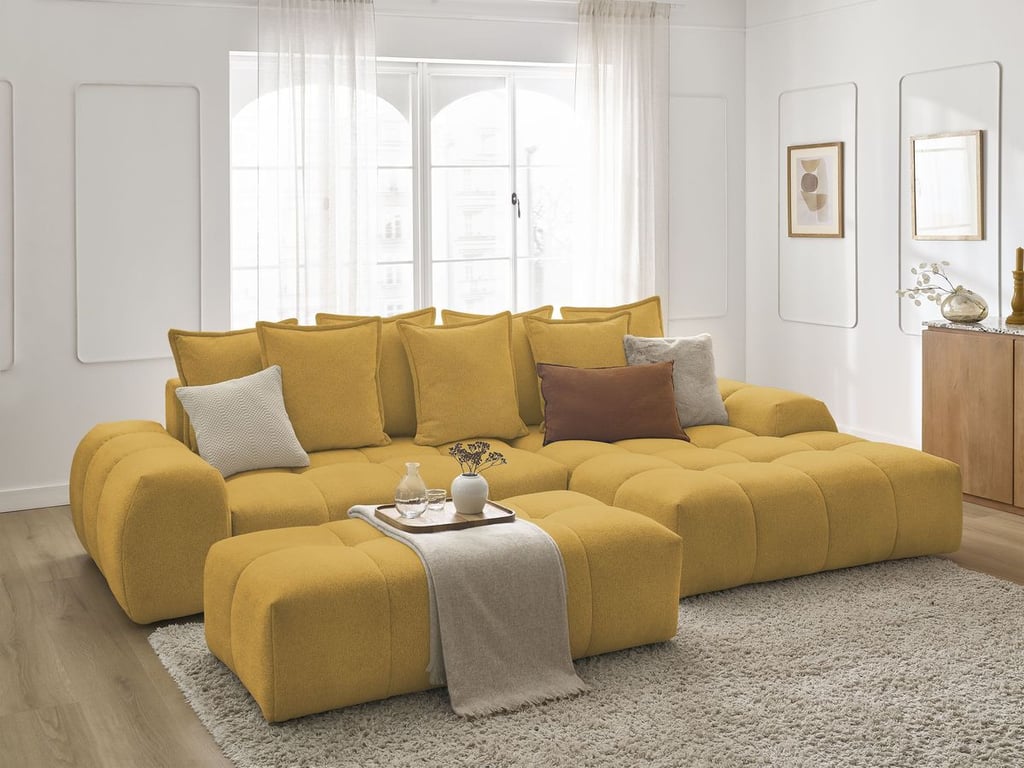 Produit similaire: Canapé d'angle convertible coffre EVEREST tissu chiné avec pouf jaune angle droit BOBOCHIC 4 places