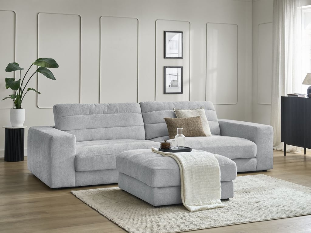 Produit similaire: Canapé droit fixe 3 places SIERRA tissu texturé avec pouf gris clair BOBOCHIC