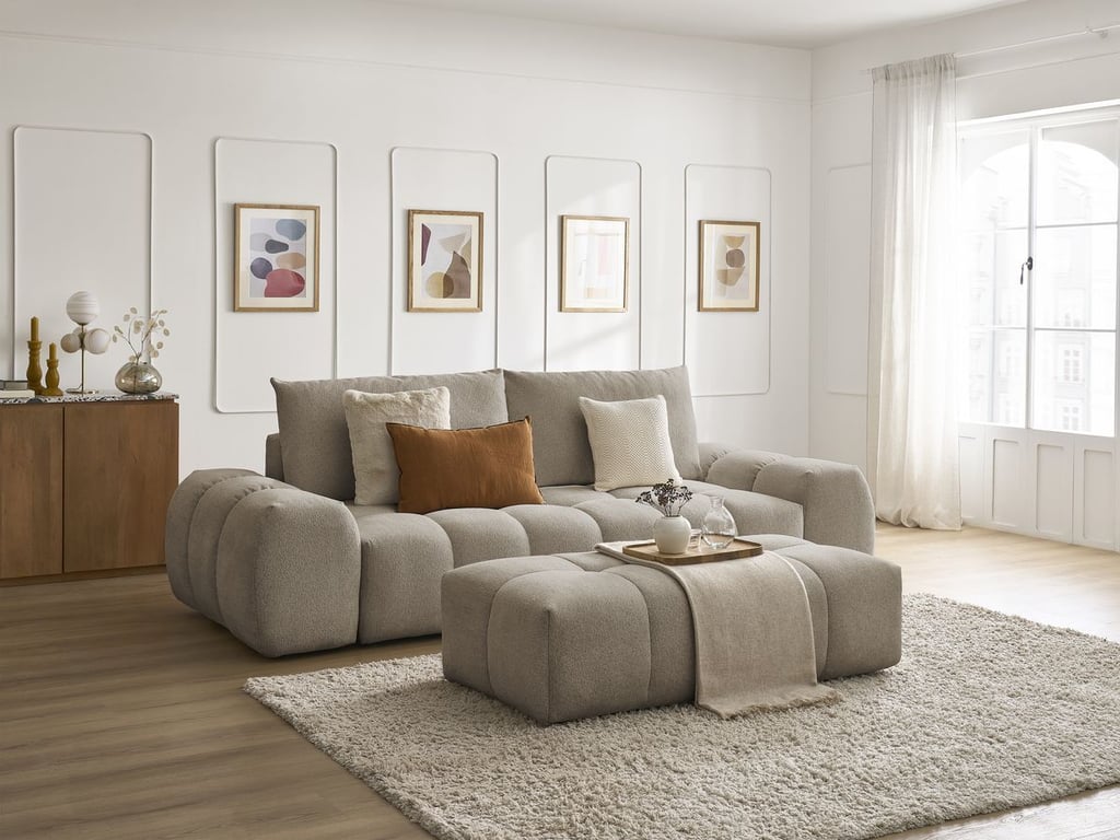 Produit similaire: Canapé droit fixe 3 places EVEREST tissu chiné avec pouf taupe BOBOCHIC