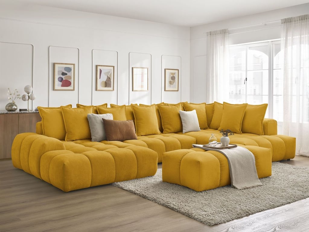 Produit similaire: Canapé panoramique convertible coffre EVEREST tissu texturé avec pouf jaune angle gauche BOBOCHIC 7 places
