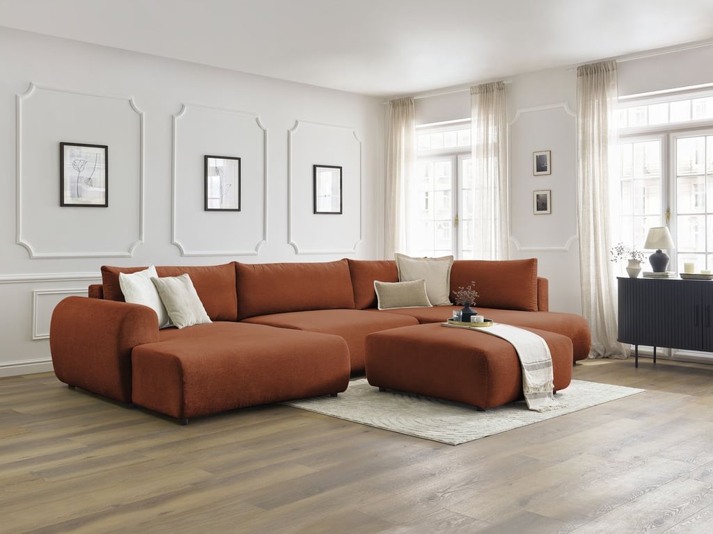 Produit similaire: Canapé panoramique convertible coffre LUCIEN tissu lisse avec pouf orange angle gauche BOBOCHIC 6 places