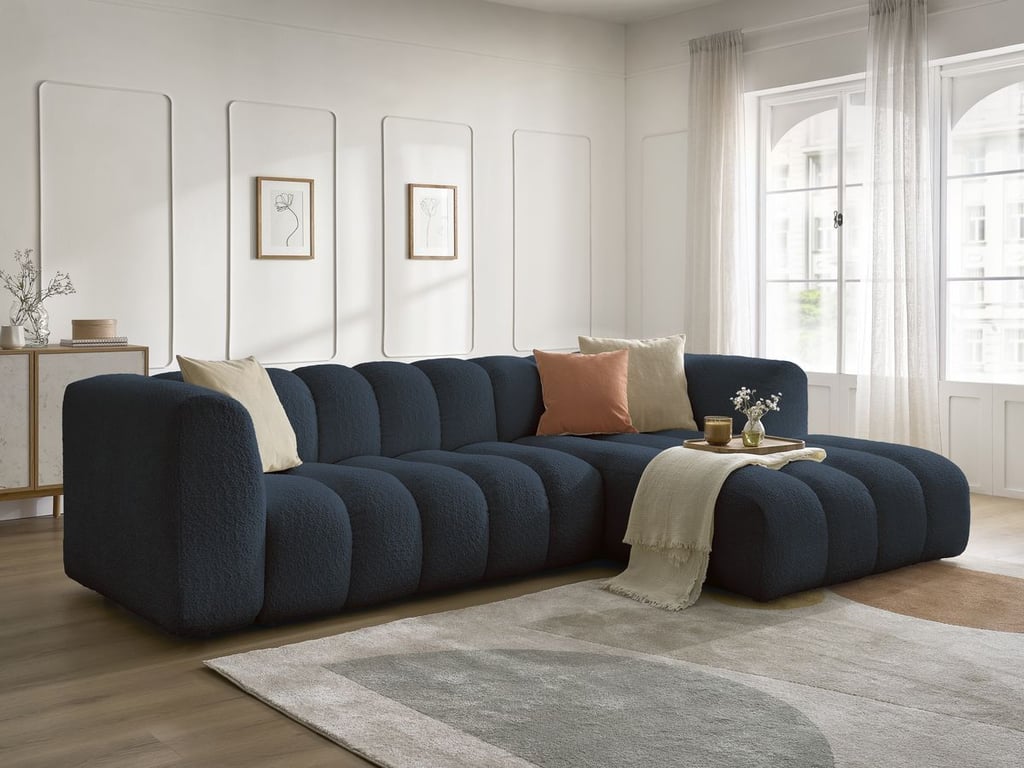 Produit similaire: Canapé d'angle fixe TALIA tissu bouclette bleu foncé angle droit BOBOCHIC 4 places