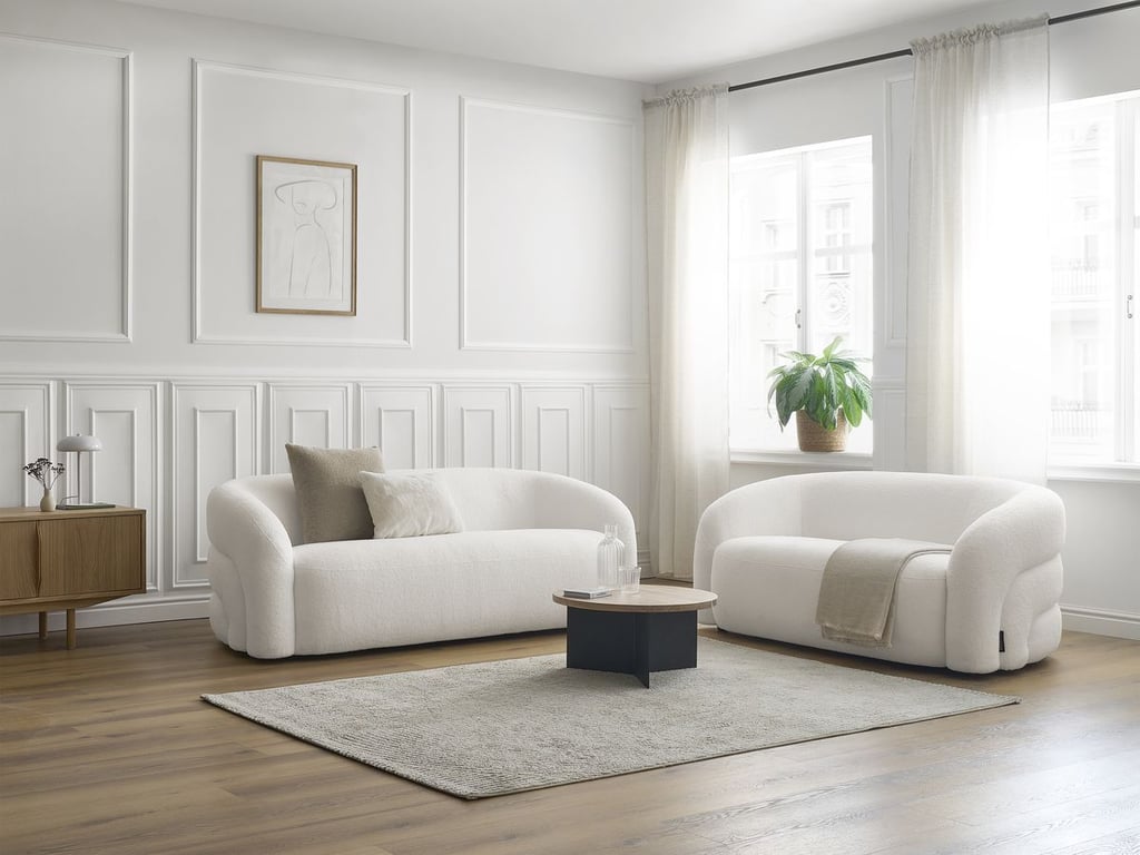 Produit similaire: Ensemble canapé droit fixe 3 + 2 places ELINA tissu bouclette blanc BOBOCHIC