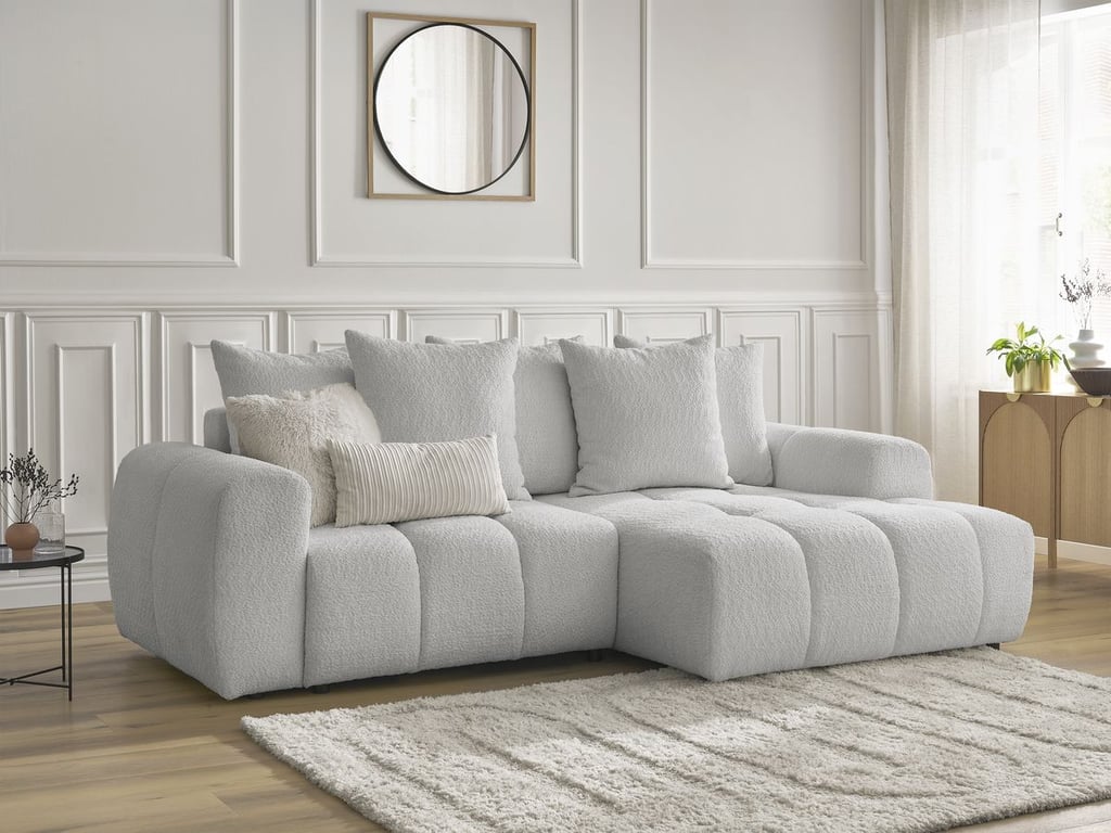 Produit similaire: Roxelane canapé d'angle convertible coffre 3 places tissu bouclette gris clair angle droit