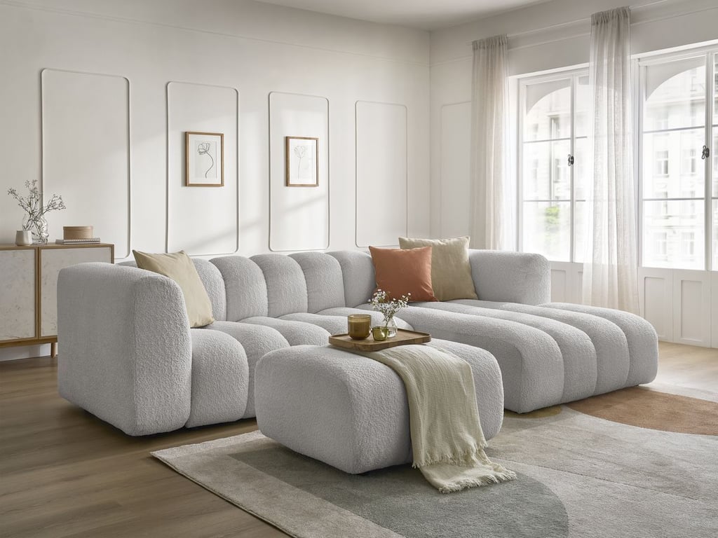 Produit similaire: Canapé d'angle fixe TALIA tissu bouclette avec pouf gris clair angle droit BOBOCHIC 4 places