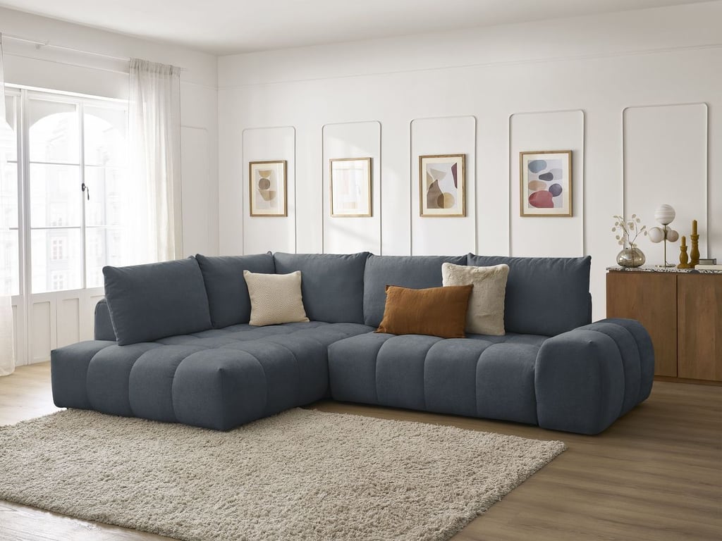 Produit similaire: Canapé d'angle L convertible coffre EVEREST tissu texturé bleu foncé angle gauche BOBOCHIC 3 places