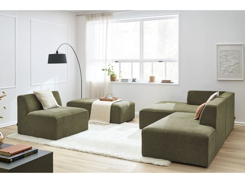 Produit similaire: Canapé d'angle fixe modulable MEGEVE tissu texturé avec 1 chauffeuse et 1 pouf vert angle gauche BOBOCHIC 6 places