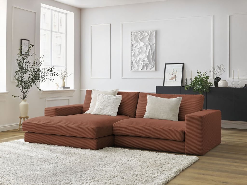 Produit similaire: Canapé d'angle fixe compact LEONARD velours côtelé orange angle gauche BOBOCHIC 4 places