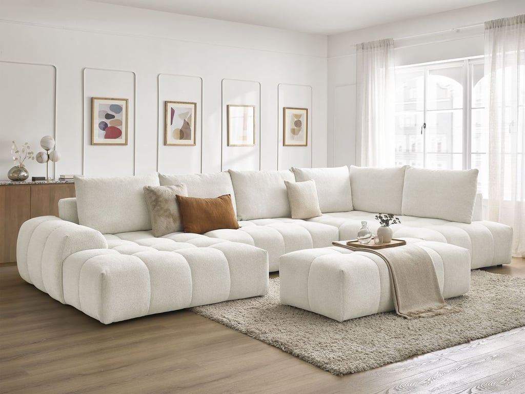 Produit similaire: Canapé panoramique convertible coffre EVEREST tissu chiné avec pouf blanc angle gauche BOBOCHIC 7 places