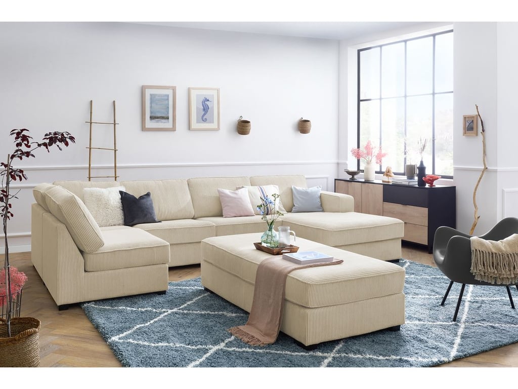 Produit similaire: Canapé panoramique convertible MEGA velours côtelé avec pouf beige angle droit BOBOCHIC 8 places