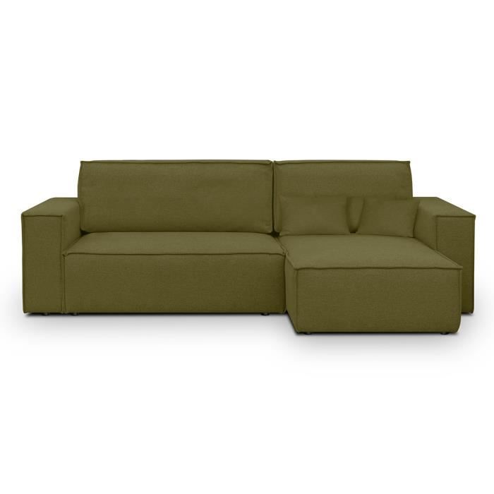Produit similaire: Canapé d'angle convertible réversible 4 places avec coffre de rangement en tissu vert olive - Livia New