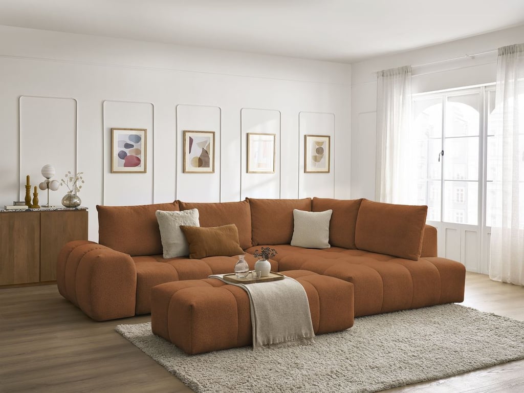 Produit similaire: Canapé d'angle L convertible coffre EVEREST tissu chiné avec pouf orange angle droit BOBOCHIC 4 places