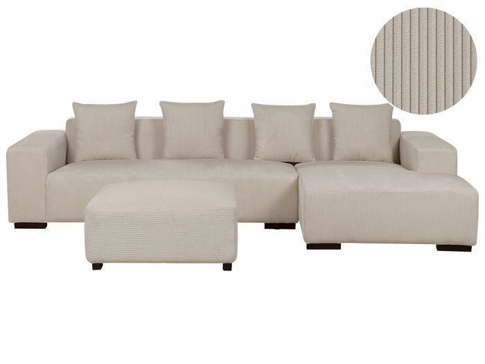 Produit similaire: Canapé d'angle 4 places côté gauche en velours côtelé beige avec ottoman LUNGO