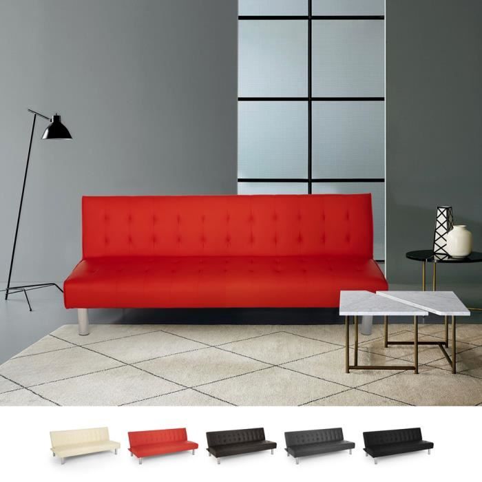 Canapé-lit 2 places clic clac en similicuir inclinable, design moderne Elly, Couleur: Rouge