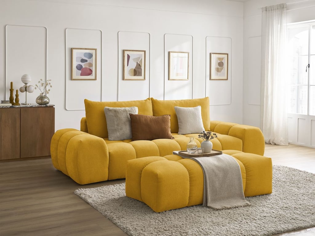 Produit similaire: Canapé droit fixe 3 places EVEREST tissu texturé avec pouf jaune BOBOCHIC