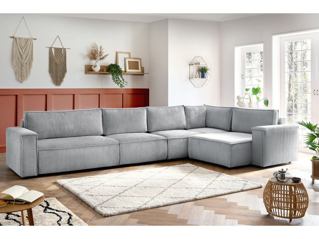 Produit similaire: Canapé d'angle fixe modulable XL NIHAD tissu velours côtelé avec chauffeuse 2 places gris clair angle droit BOBOCHIC 6 places