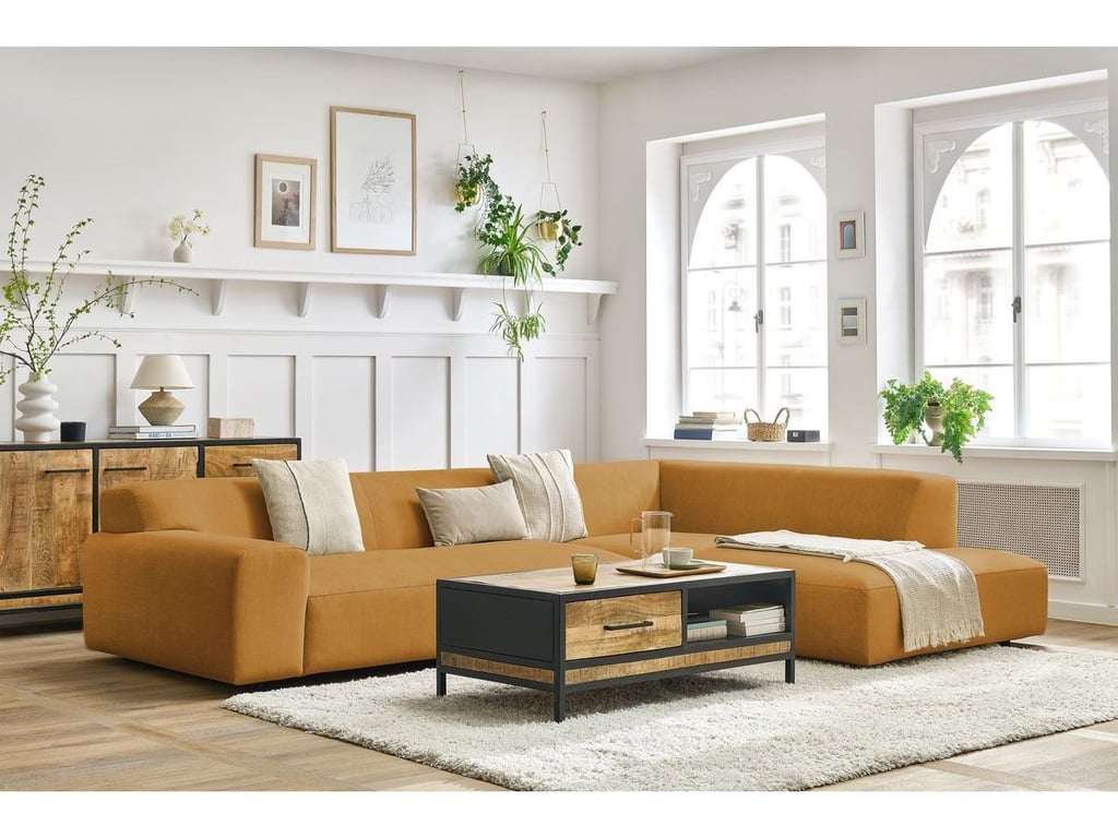 Produit similaire: Canapé d'angle fixe LAVENA tissu velours jaune angle gauche BOBOCHIC 4 places