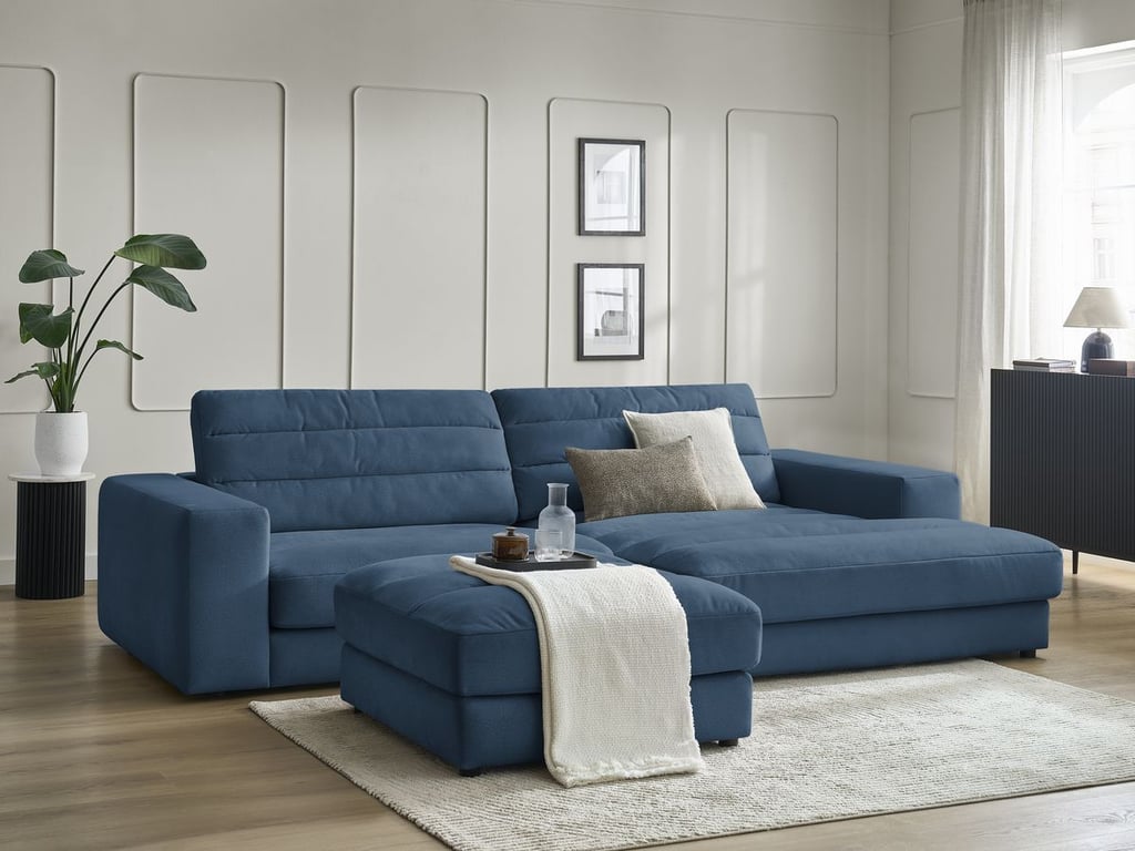 Produit similaire: Canapé d'angle fixe SIERRA velours avec pouf bleu foncé angle droit BOBOCHIC 4 places