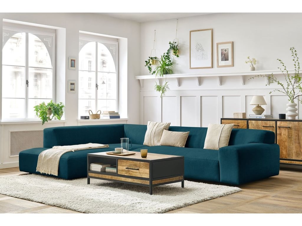 Produit similaire: Canapé d'angle fixe LAVENA tissu velours bleu foncé angle gauche BOBOCHIC 4 places