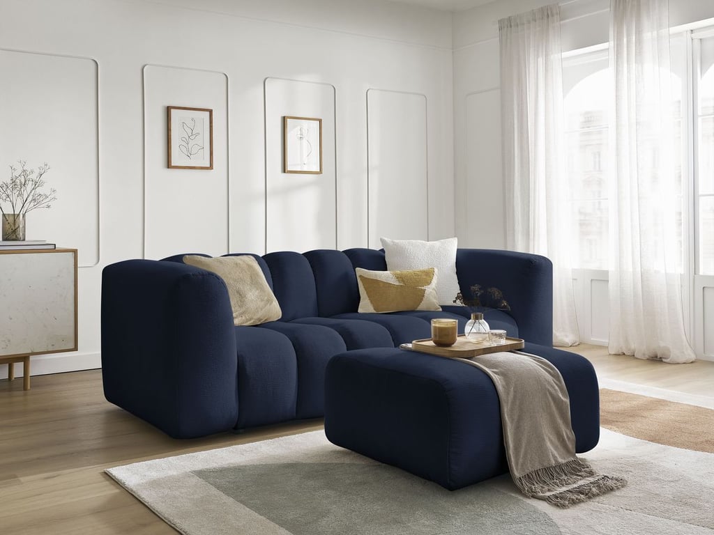 Produit similaire: Canapé droit fixe 3 places TALIA tissu chiné avec pouf bleu foncé BOBOCHIC