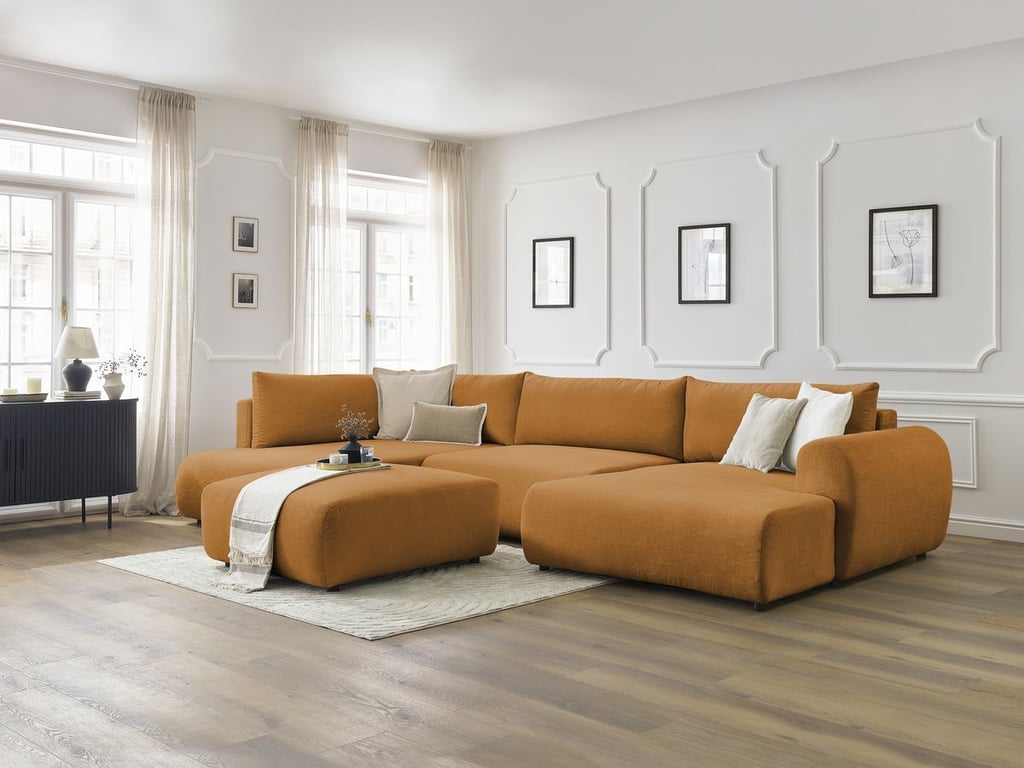 Produit similaire: Canapé panoramique convertible coffre LUCIEN tissu lisse avec pouf jaune angle droit BOBOCHIC 6 places