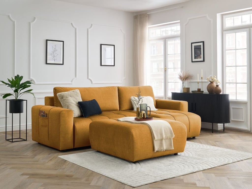 Produit similaire: Canapé d'angle réversible convertible coffre ARSENE tissu velours avec pouf jaune BOBOCHIC 4 places
