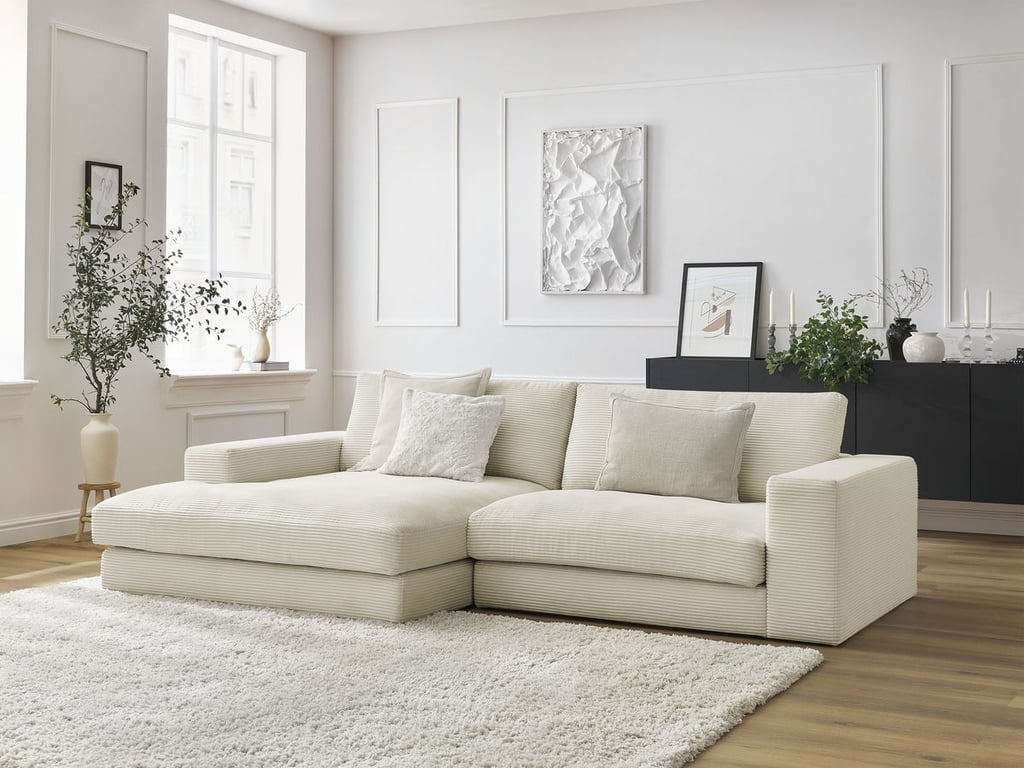 Produit similaire: Canapé d'angle fixe compact LEONARD velours côtelé beige angle gauche BOBOCHIC 4 places