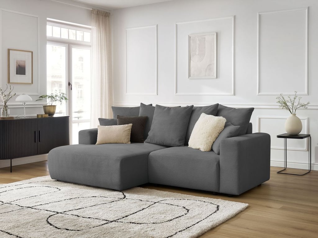 Produit similaire: Canapé d'angle convertible coffre ATILLA velours côtelé gris foncé angle gauche BOBOCHIC 3 places