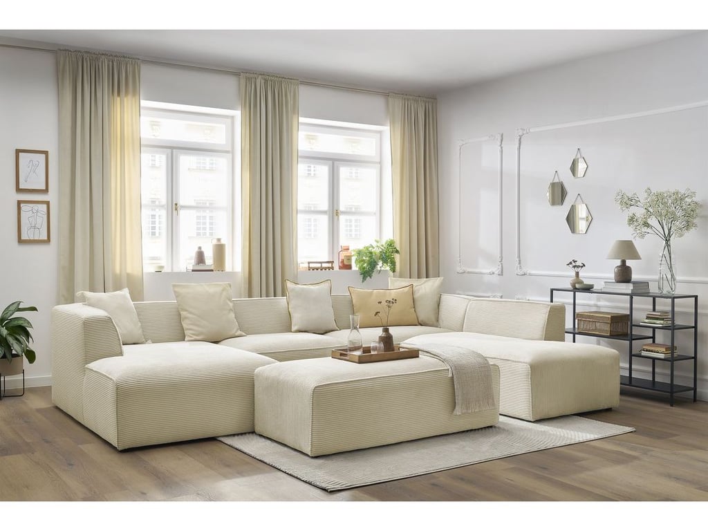 Produit similaire: Canapé panoramique fixe MEGEVE avec pouf tissu velours côtelé beige angle gauche BOBOCHIC 6 places