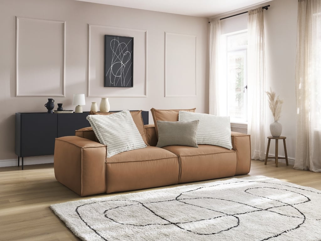 Canapé droit fixe 3 places ultra moelleux BOHEME cuir végan marron clair   BOBOCHIC