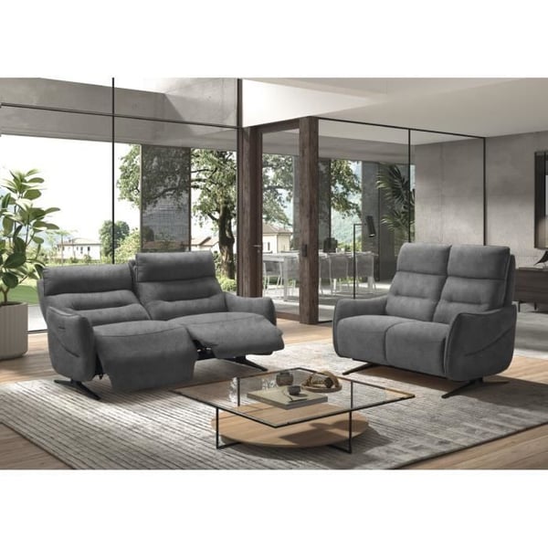 Canapé de 3 places, 2 relax électriques en tissu couleur Gris - Longueur 180 x Profondeur 90 x Hauteur 106 cm