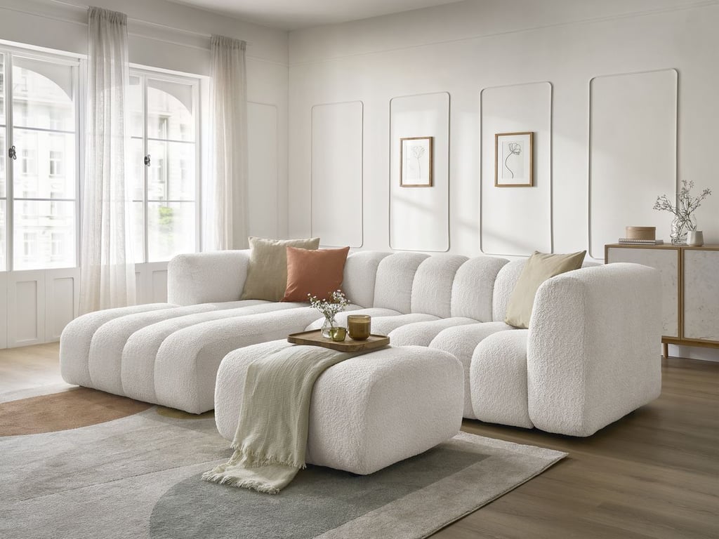 Produit similaire: Canapé d'angle fixe TALIA tissu bouclette avec pouf blanc angle gauche BOBOCHIC 4 places