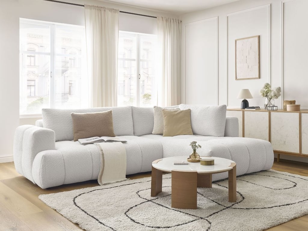 Produit similaire: Canapé d'angle L convertible FUJI tissu bouclette avec pouf blanc angle droit BOBOCHIC 4 places