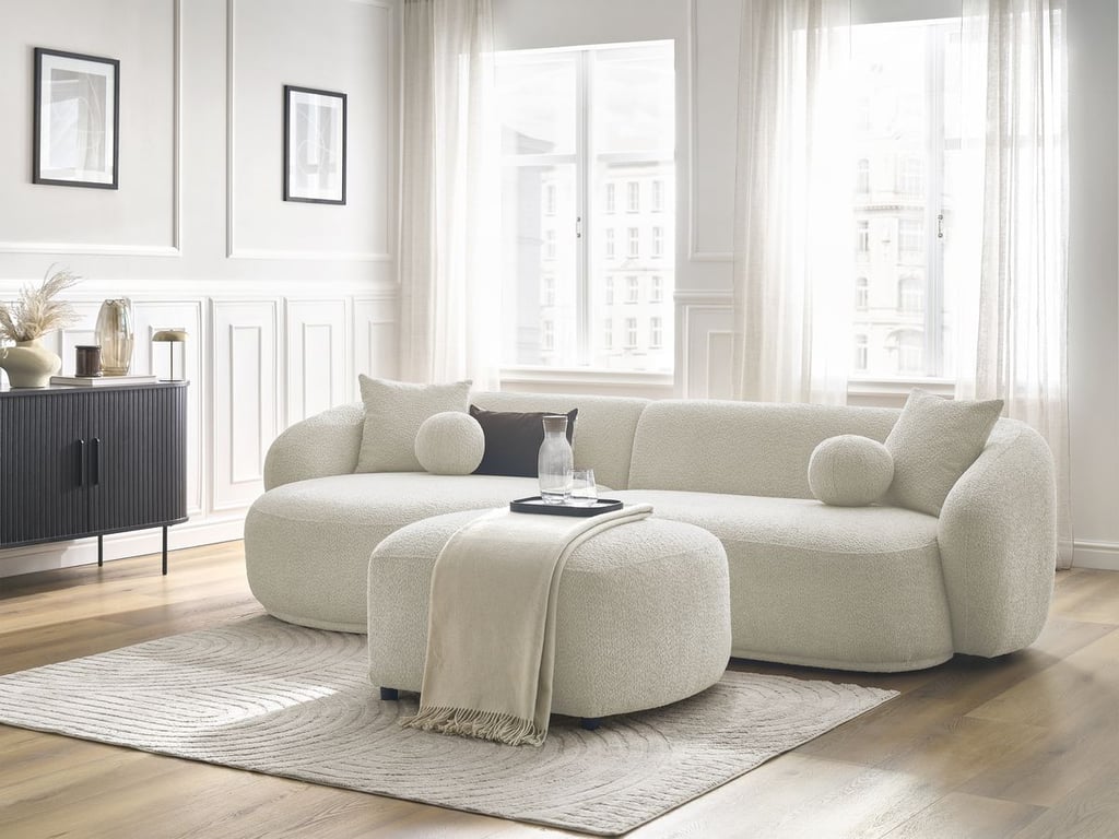 Produit similaire: Canapé d'angle fixe ASHLEY avec pouf beige angle gauche BOBOCHIC 4 places