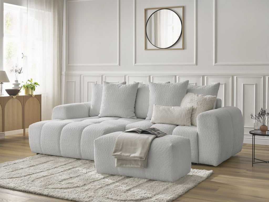 Produit similaire: Roxelane canapé d'angle convertible coffre 3 places tissu bouclette gris clair angle gauche