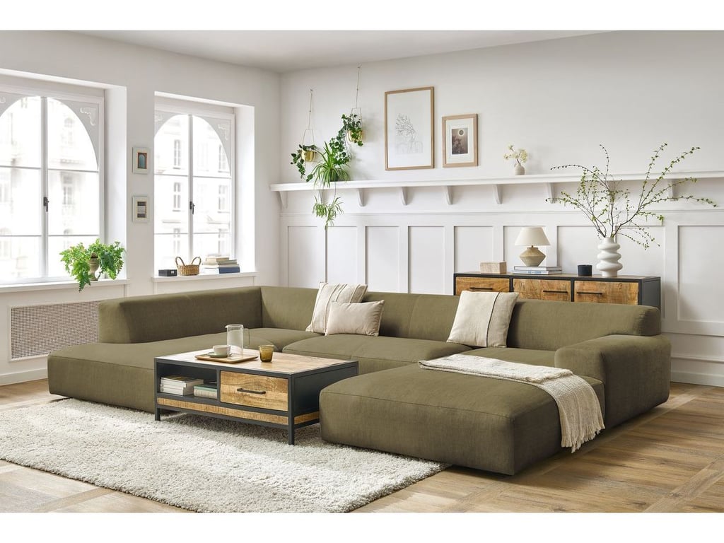 Produit similaire: Canapé panoramique fixe compact LAVENA tissu velours vert angle droit BOBOCHIC 6 places