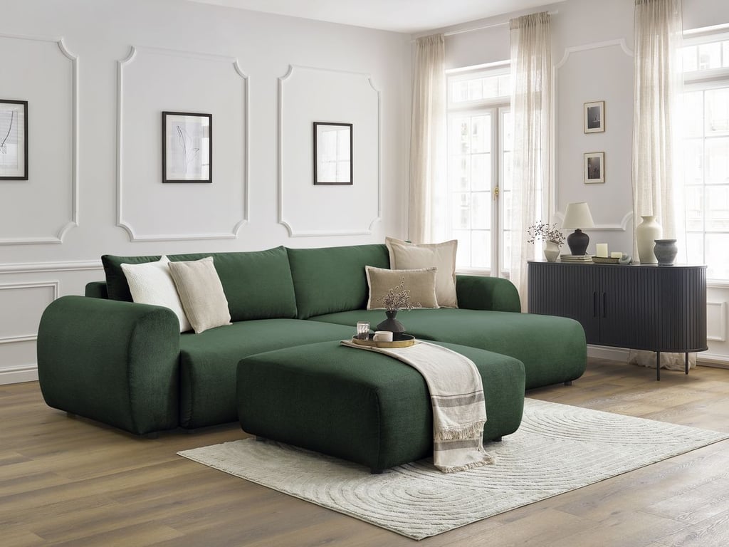 Produit similaire: Canapé d'angle convertible coffre LUCIEN tissu lisse avec pouf vert angle droit BOBOCHIC 5 places