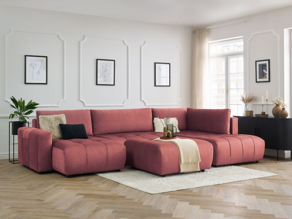 Produit similaire: Canapé panoramique convertible coffre ARSENE tissu velours avec pouf orange angle gauche BOBOCHIC 6 places